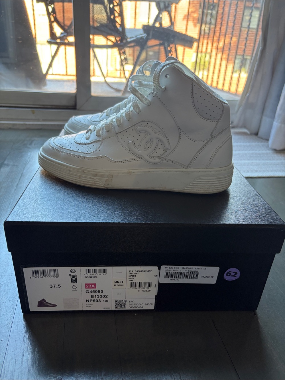CHANEL Kids White High-Top Leather Sneakers with Embossed CC